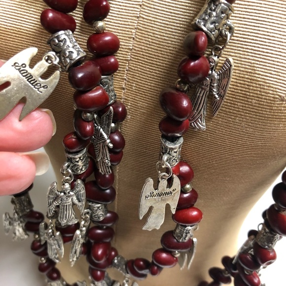 Southwest Style Cranberry Bead & ANGELS Chunky Necklace - Angel Names on Back - Picture 3 of 3